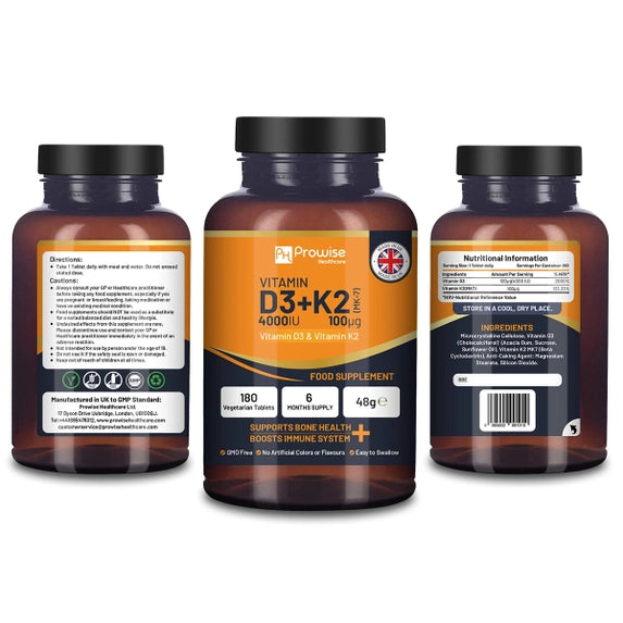 Vitamina D3 4000 UI & K2 MK7 100 μg | Tablete vegetariene | 180 bucăți